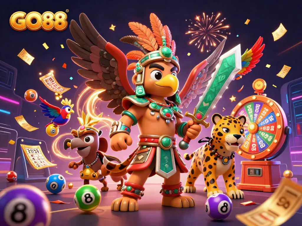 Engage with GO88's vibrant casino experience, featuring dynamic lottery elements and energetic Aztec warriors.