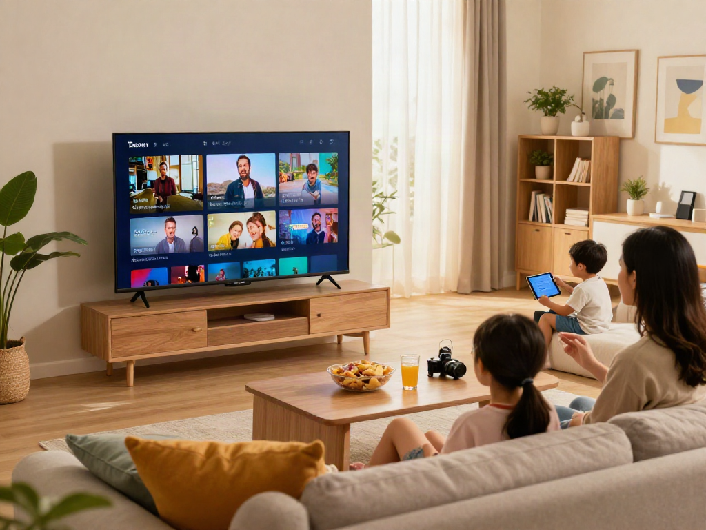 Family enjoying abbonamento iptv in a cozy living room while watching their favorite shows on a smart TV.