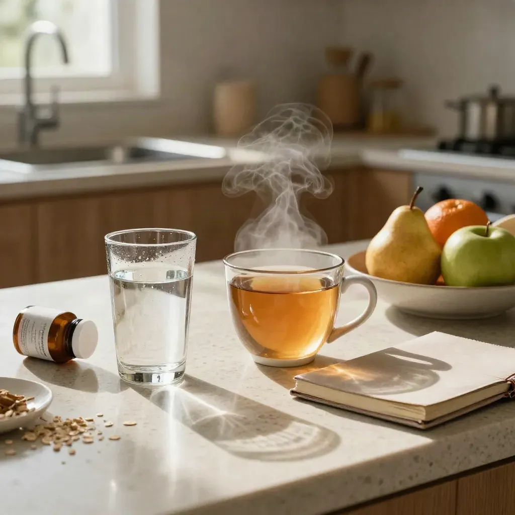 Colazione del primo trimestre con acqua, tisana allo zenzero, frutta e vitamine prenatali.