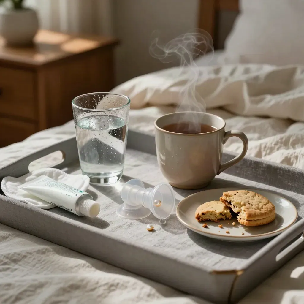 Set da allattamento con bicchiere d’acqua, tisana e accessori su lino grigio, luce morbida