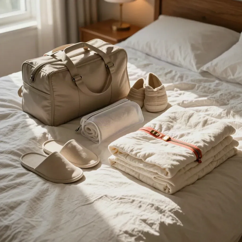 Valigia parto aperta su letto di lino con tutina, asciugamano, pantofole e beauty case.