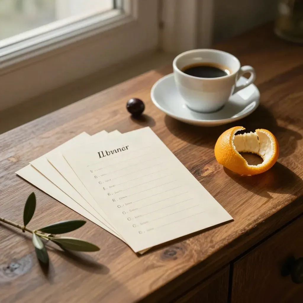 Carte nomi in ventaglio con espresso, scorza d’arancia e rametto d’ulivo su legno caldo.