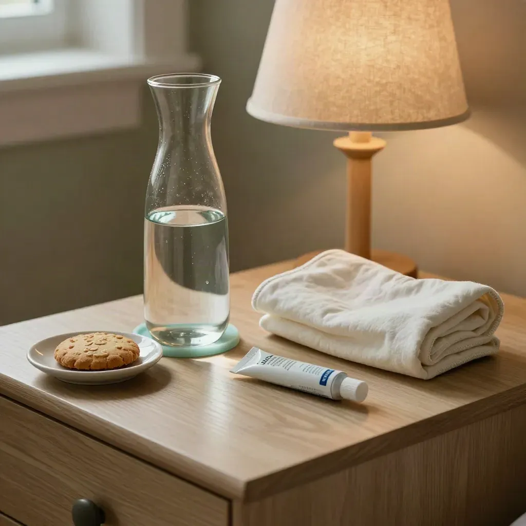 Kit per l’allattamento sul comodino con caraffa, biscotto, lanolina e lampada soffusa