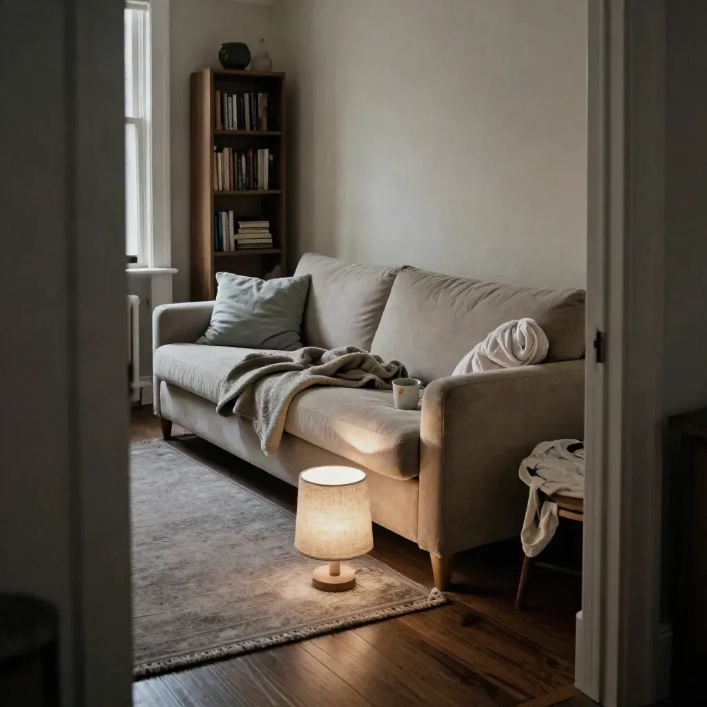 Soggiorno notturno con divano, coperta piegata, tazza e luce soffusa, atmosfera stanca