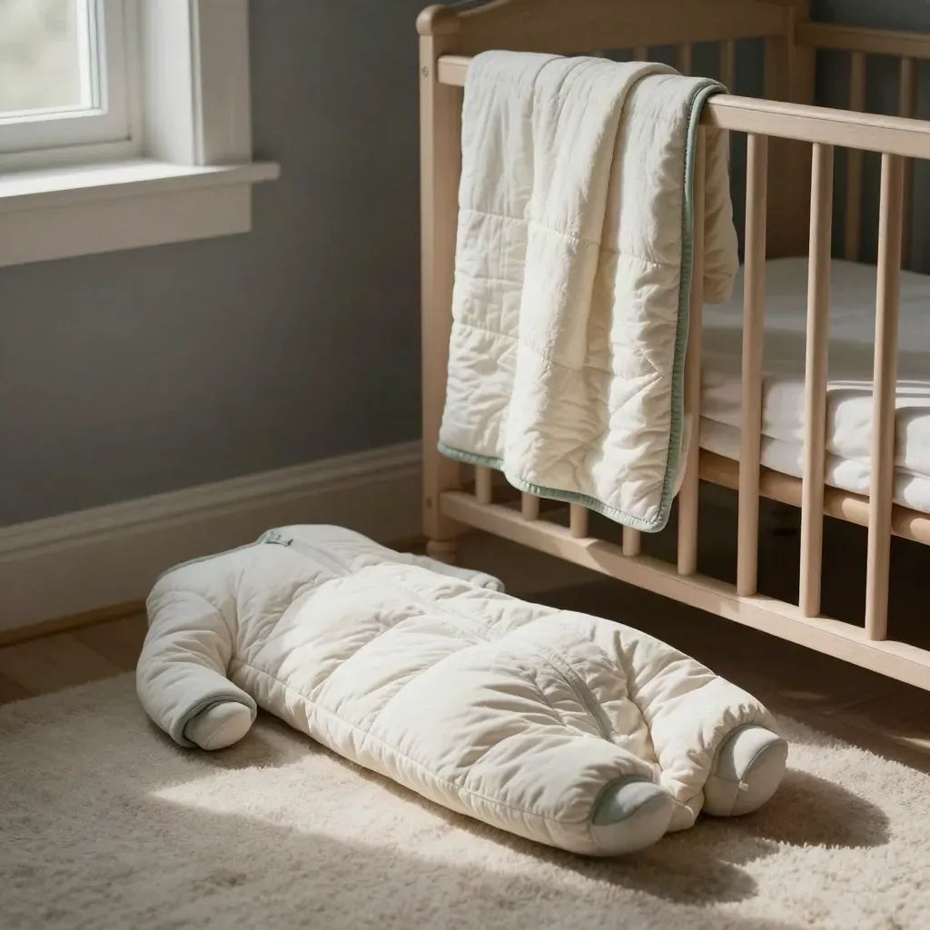 Sacco nanna e coperta piegata sulla culla in una nursery calma e notturna
