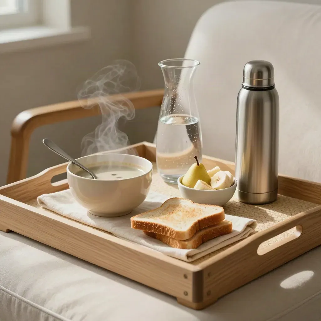 Vassoio da letto con zuppa, pane tostato, frutta, caraffa e thermos accanto alla poltrona.