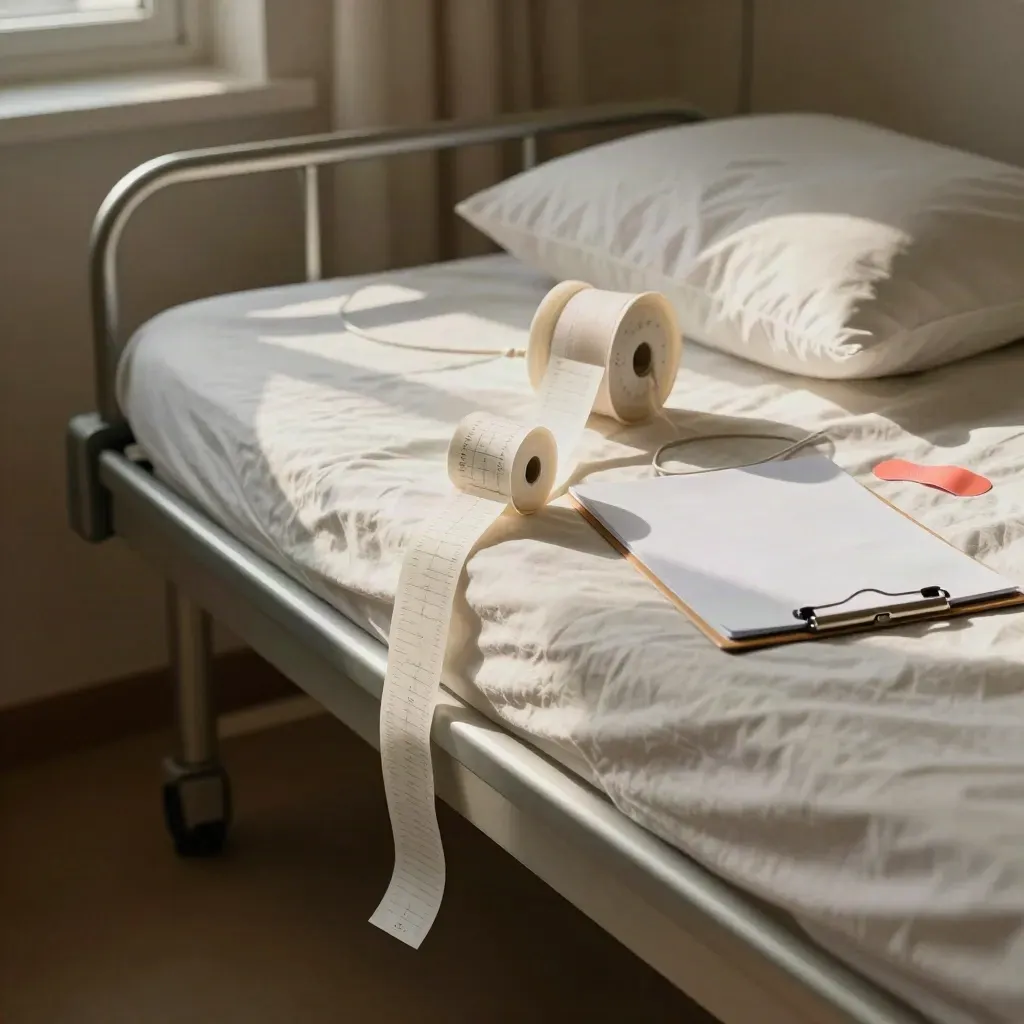 Striscia del monitor fetale accanto a cuscino d'ospedale e fascia morbida sul letto