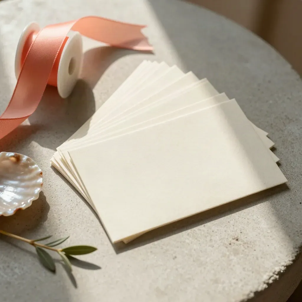 Card dolci, nastro corallo, conchiglia e ramoscello su pietra chiara
