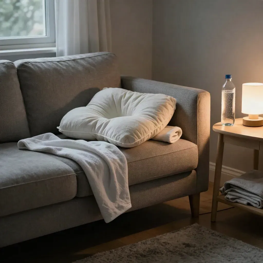 Angolo living con culla, cuscino allattamento, bottiglia d’acqua e coperta in riordino pre-alba