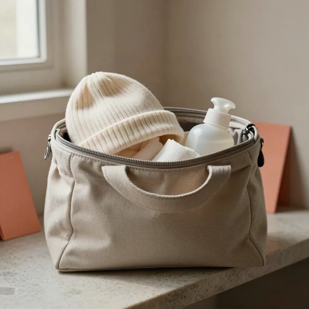 Borsa ospedaliera aperta con cappellino, pouch e necessaire su mensola in pietra.