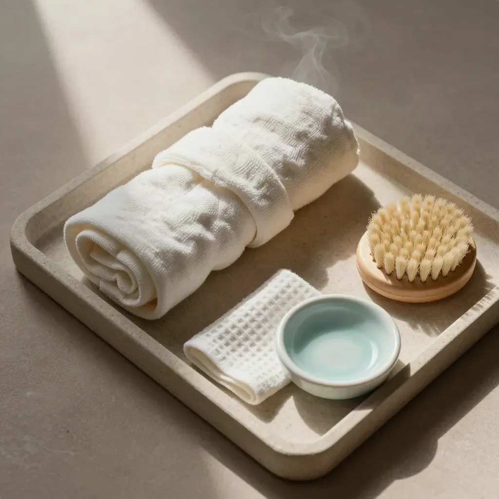 Set neonato per il bagnetto con swaddle, spazzolina, asciugamano e portasapone su pietra.