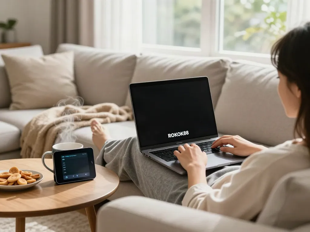 Person using a laptop to rokok88 login from the comfort of home. Cozy atmosphere with coffee and snacks.