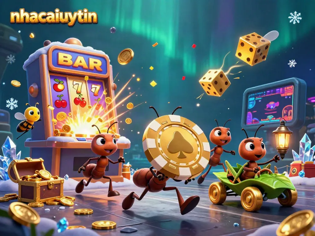 Ants executing a heist with a golden poker chip in a vibrant nhacaiuytin casino scene.