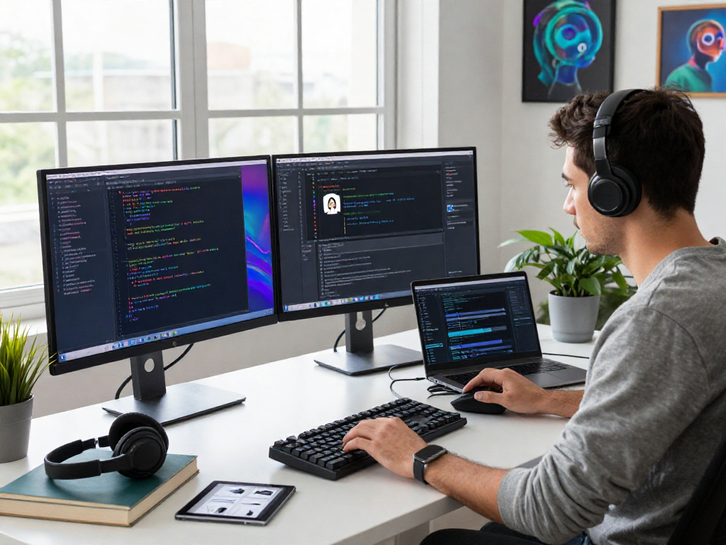 Engaged developer working on juicy chat ai interface in a bright tech workspace.