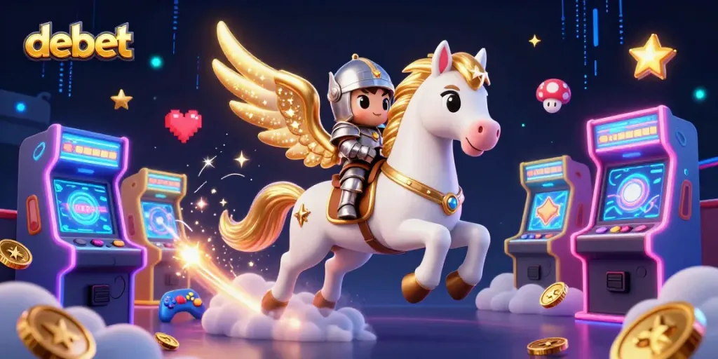 Experience debet with a vibrant 3D casino scene featuring a celestial knight and playful gaming elements.